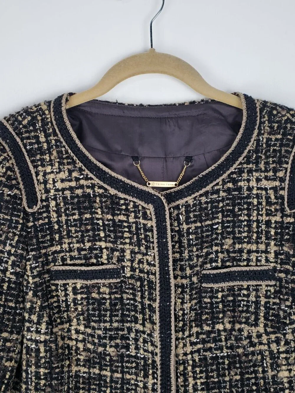 Trina Turk Black & Tan Tweed Boucle Blazer Classic Crew Neck Jacket Womens 8